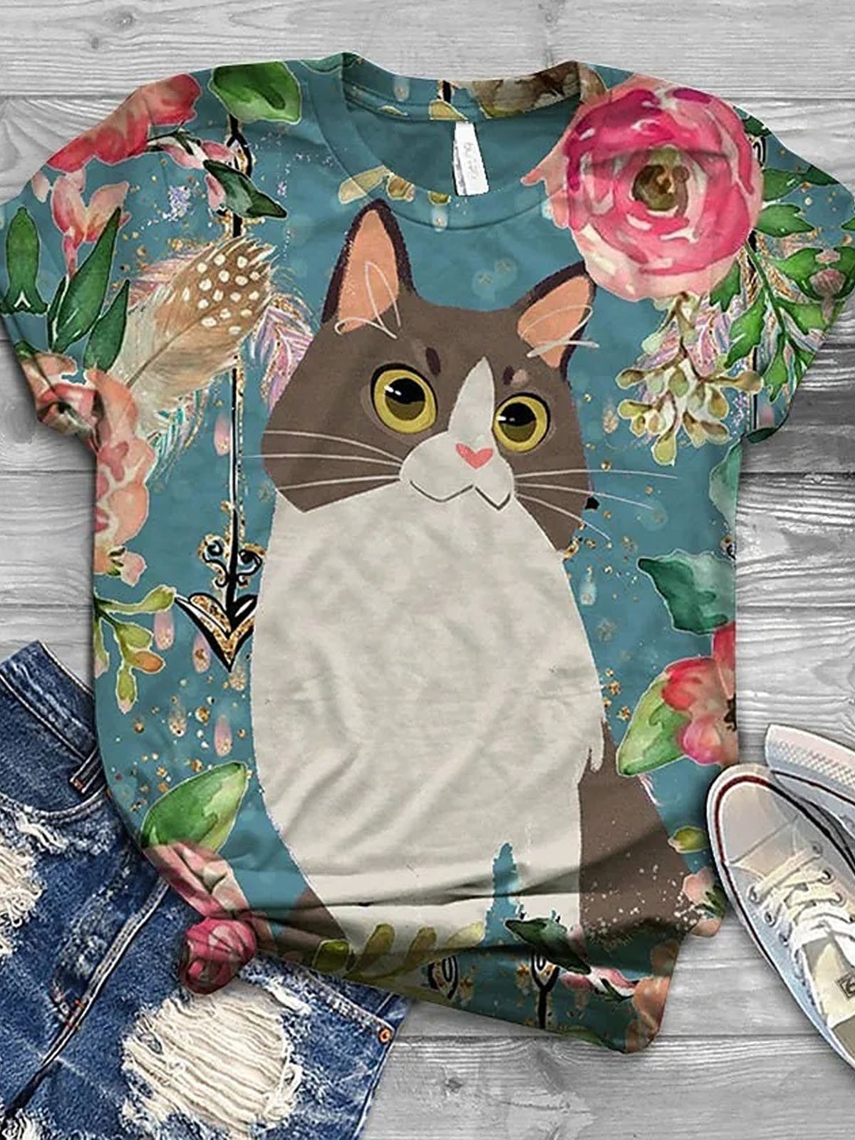 Casual Cat Crew Neck Short Sleeve T-shirt