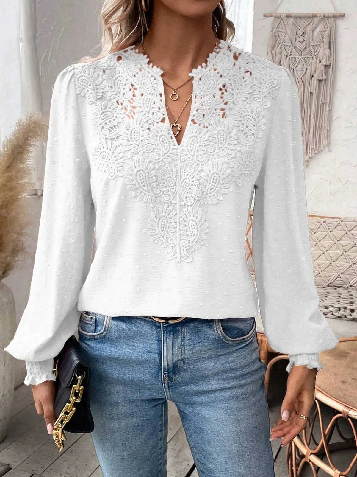 Notched Long Sleeve Plain Lace Regular Loose Blouse For Women