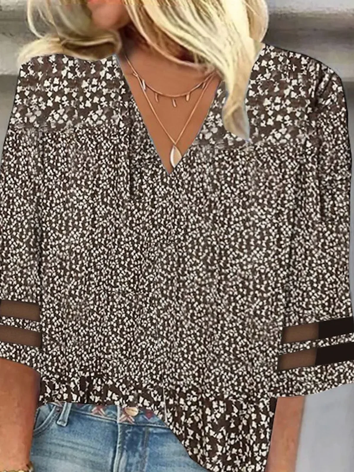 V Neck Three Quarter Sleeve Ditsy Floral Mesh Regular Loose Blouse For Women