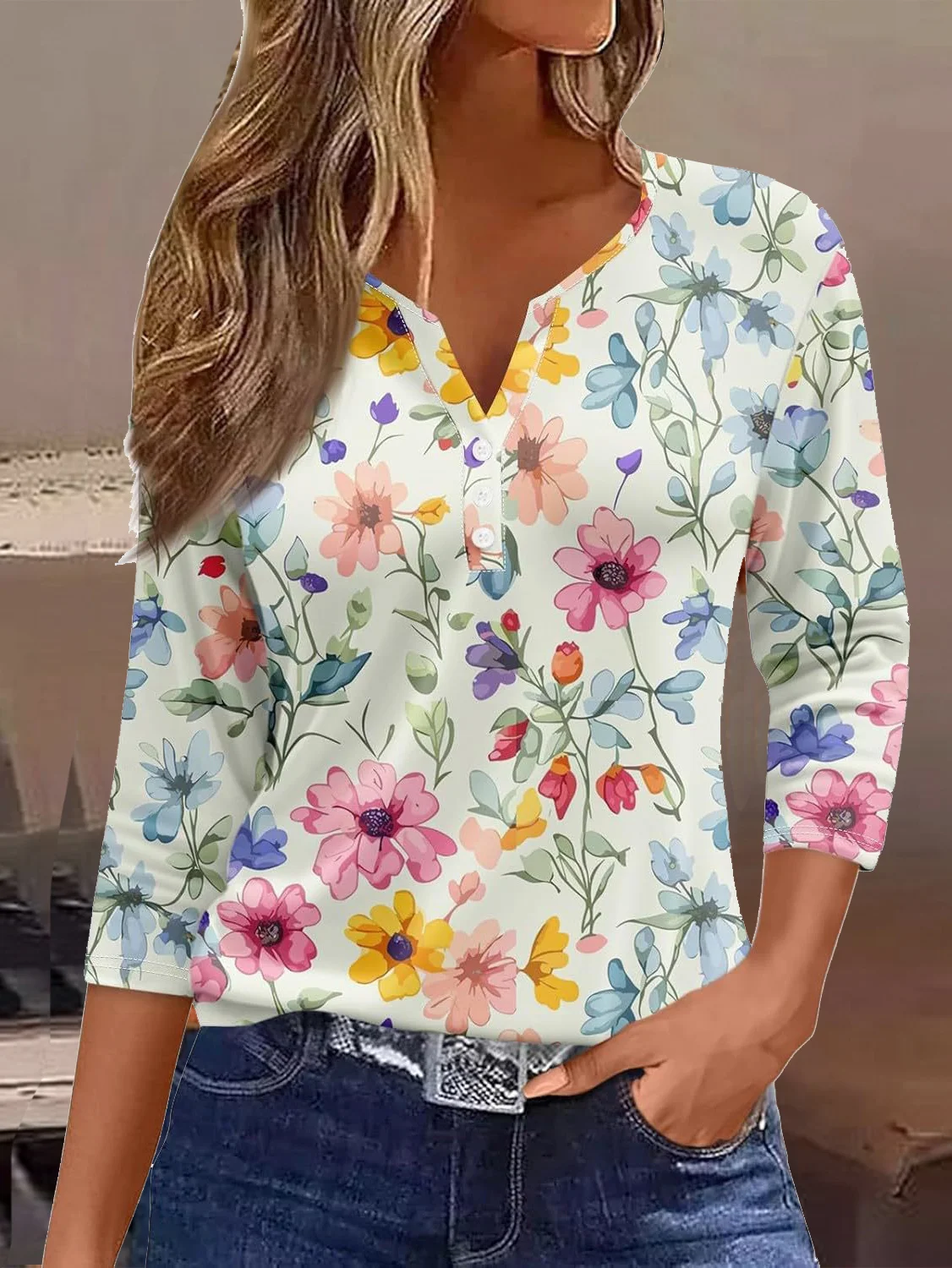 Casual Floral V Neck Three Quarter Sleeve T-shirt