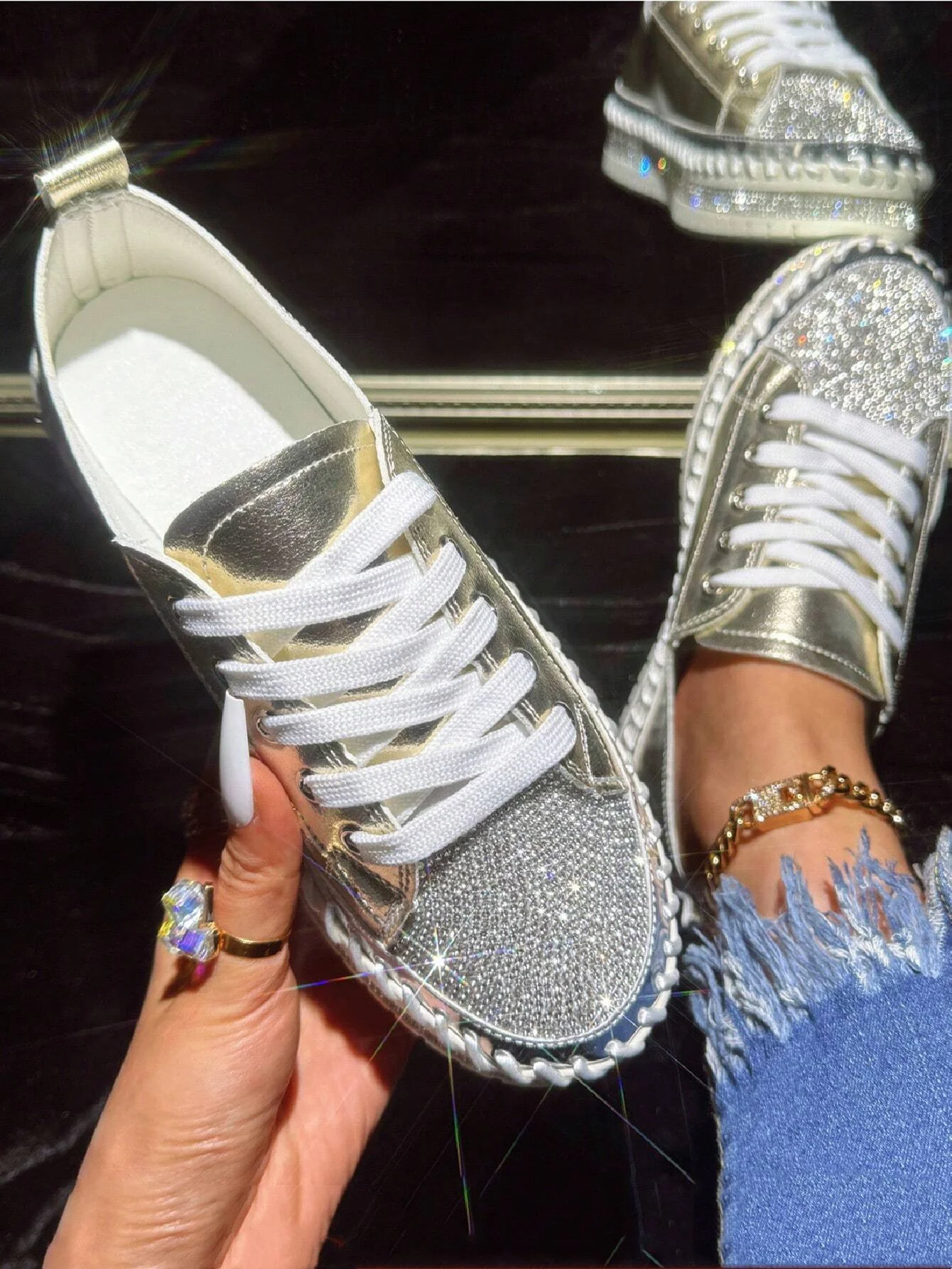 Women's Golden Shiny Rhinestone Fashion Casual Sneakers