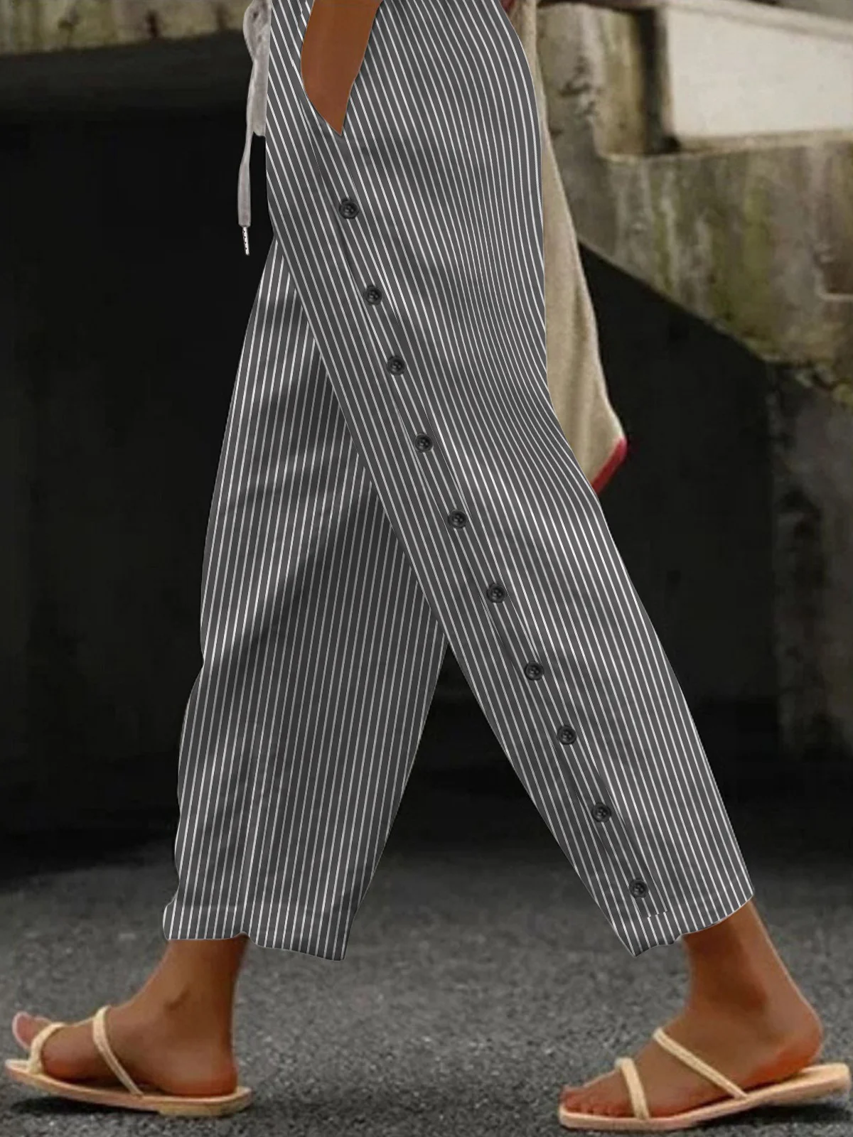 Casual Striped Long Elastic Waist Pocket Stitching Pant