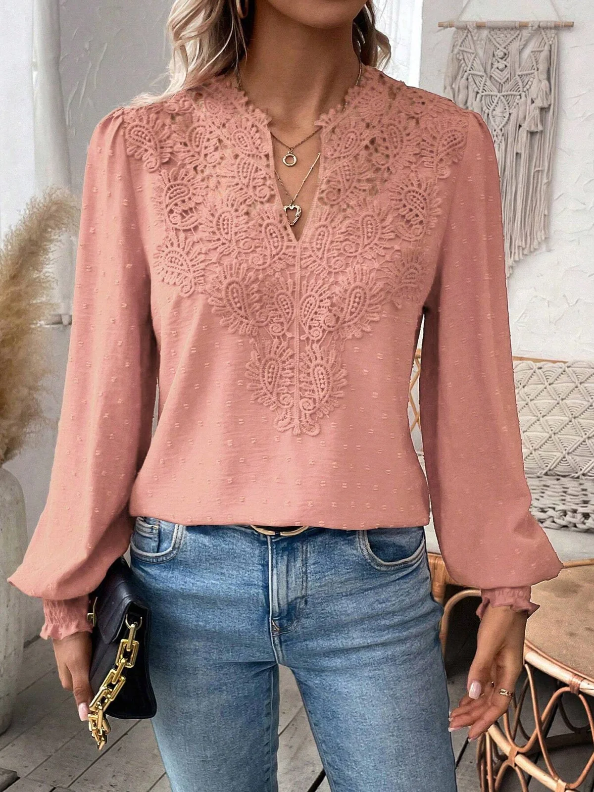 Notched Long Sleeve Plain Lace Regular Loose Blouse For Women