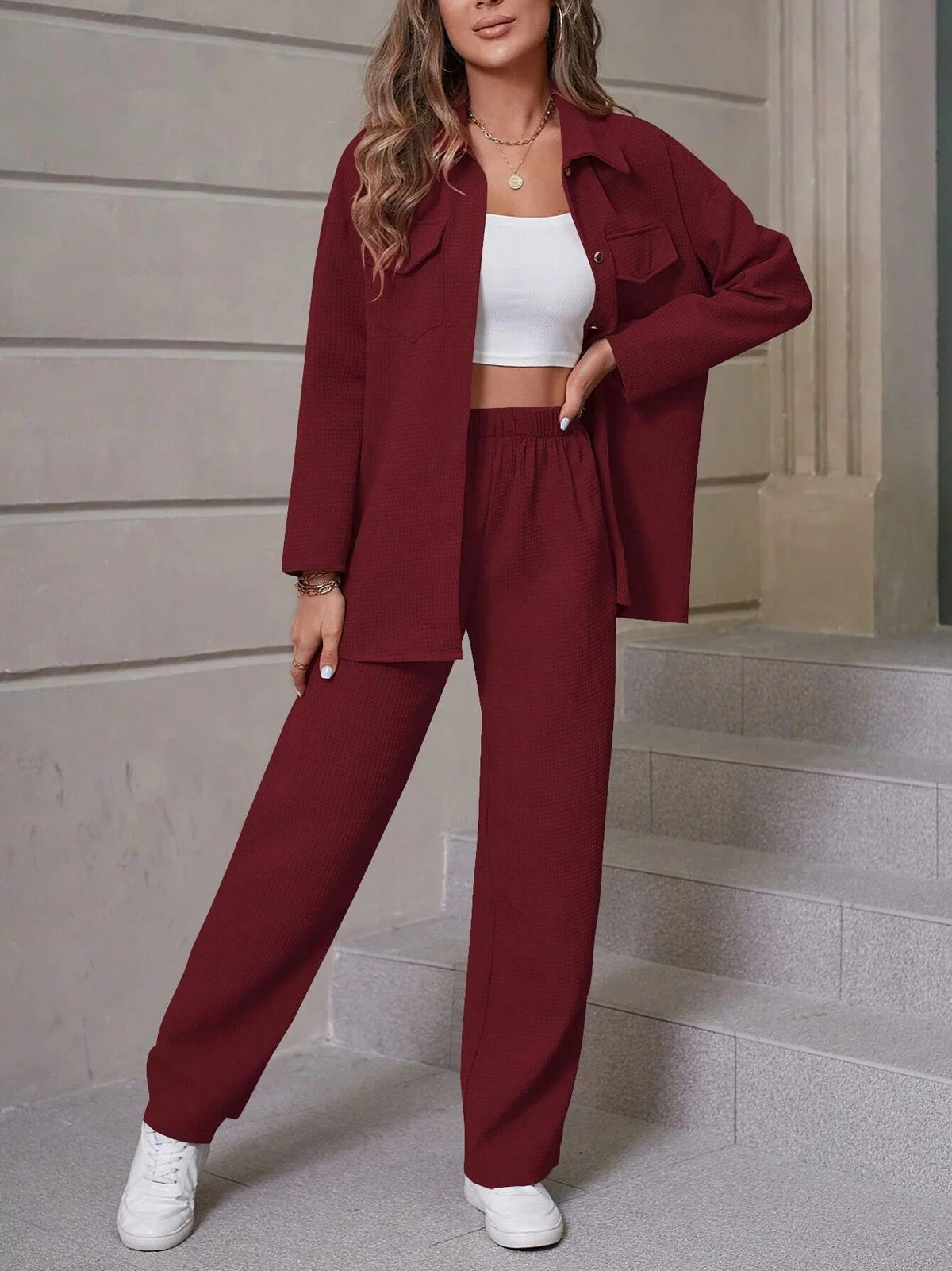 Women Plain Crew Neck Long Sleeve Comfy Casual Top With Pants Two-Piece Set