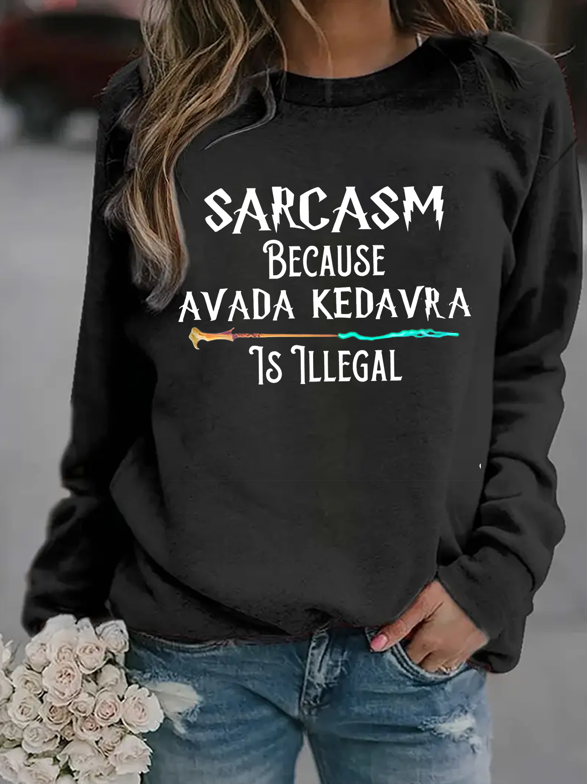 Casual Crew Neck Text Letters Sweatshirt