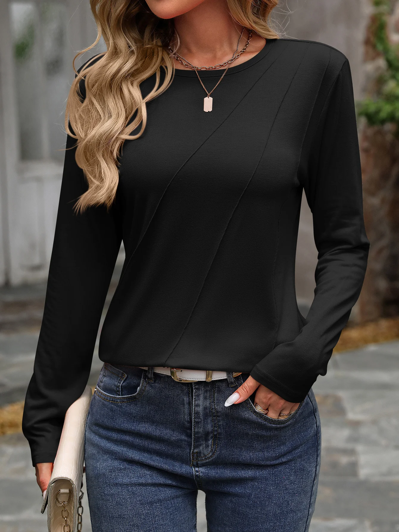 Casual Plain Crew Neck Long Sleeve T-shirt