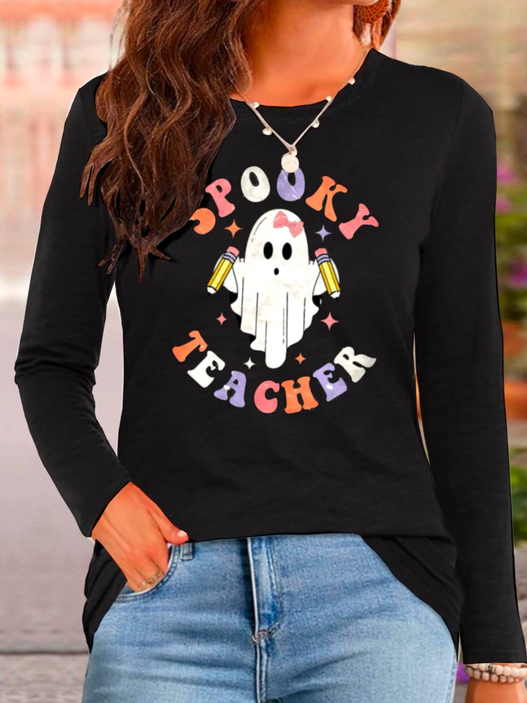 Casual Halloween Text Letters Crew Neck Long Sleeve T-shirt