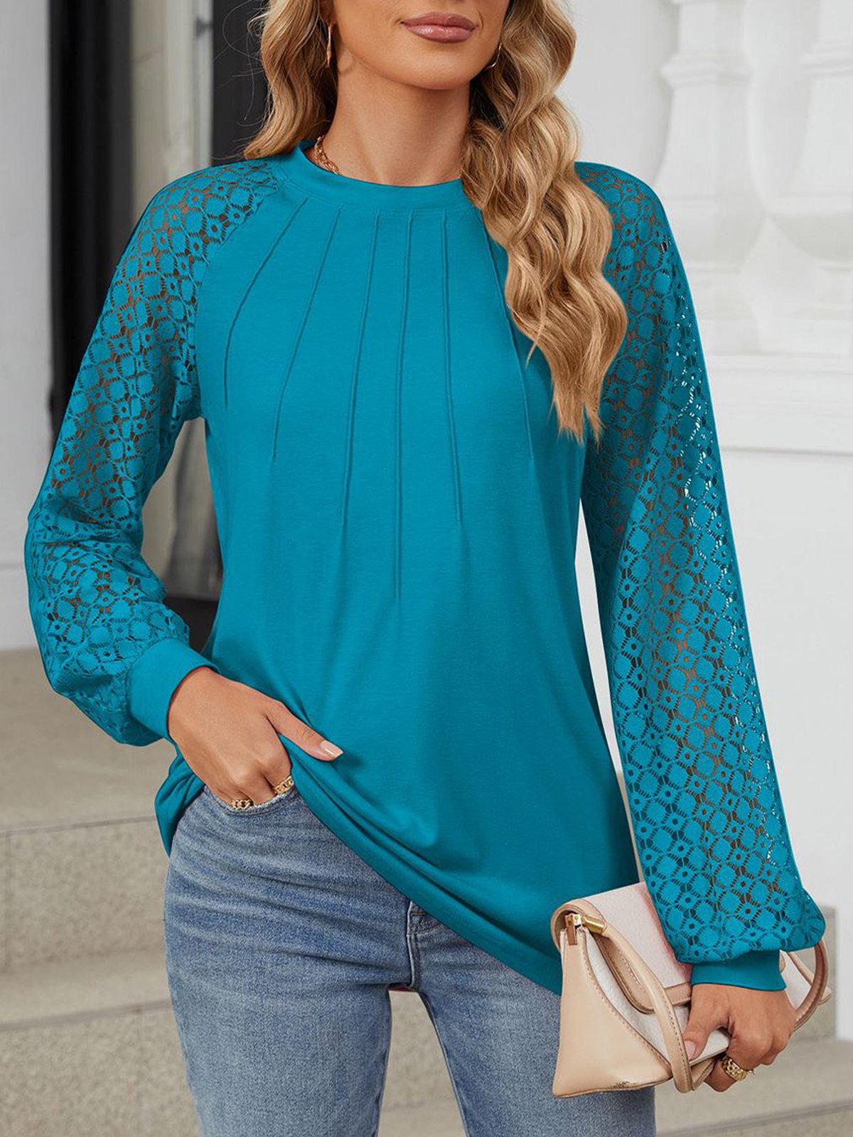 Crew Neck Long Sleeve Plain Lace Regular Micro-Elasticity Loose Blouse For Women