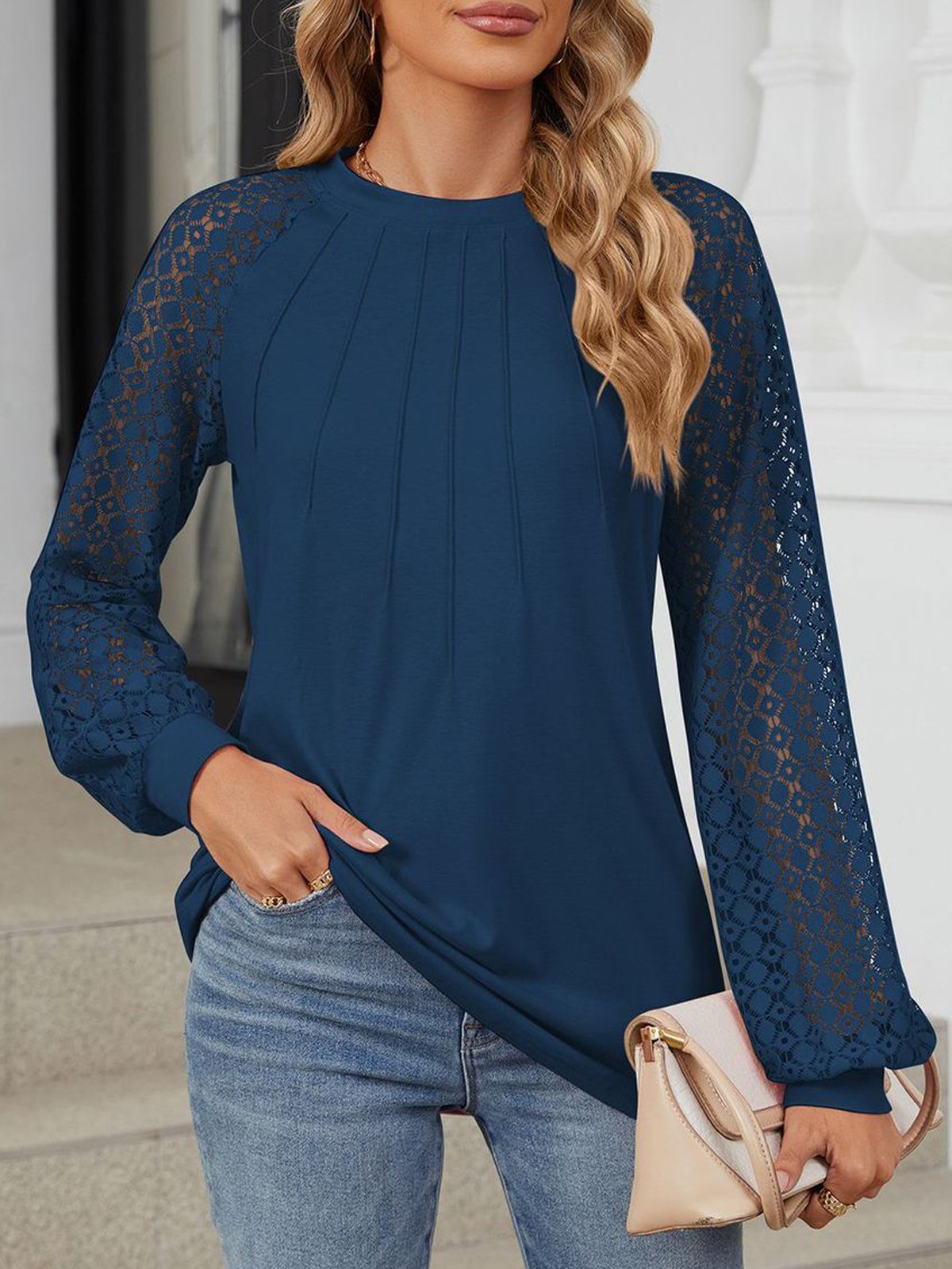 Crew Neck Long Sleeve Plain Lace Regular Micro-Elasticity Loose Blouse For Women