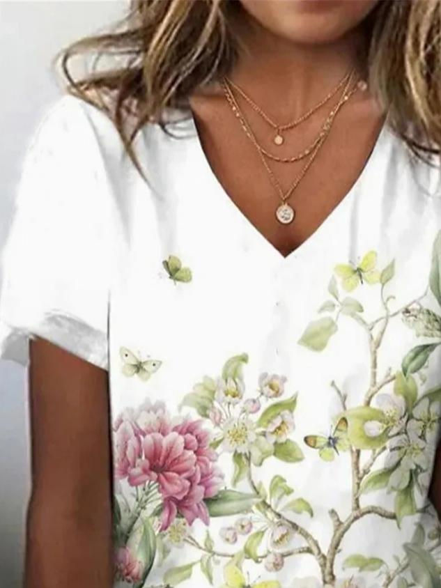 Casual Floral V Neck Short Sleeve T-shirt