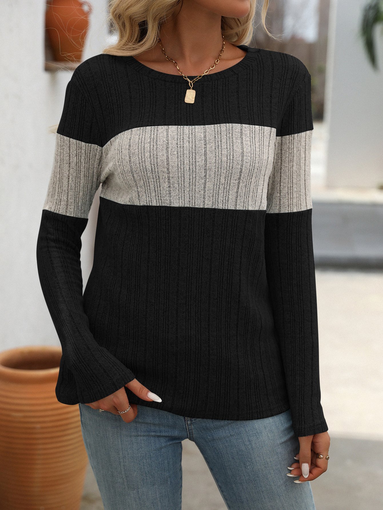 Casual Plain Crew Neck Long Sleeve T-shirt