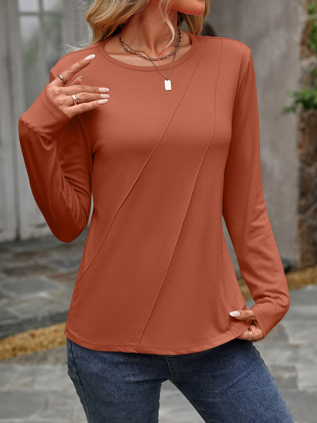 Casual Plain Crew Neck Long Sleeve T-shirt