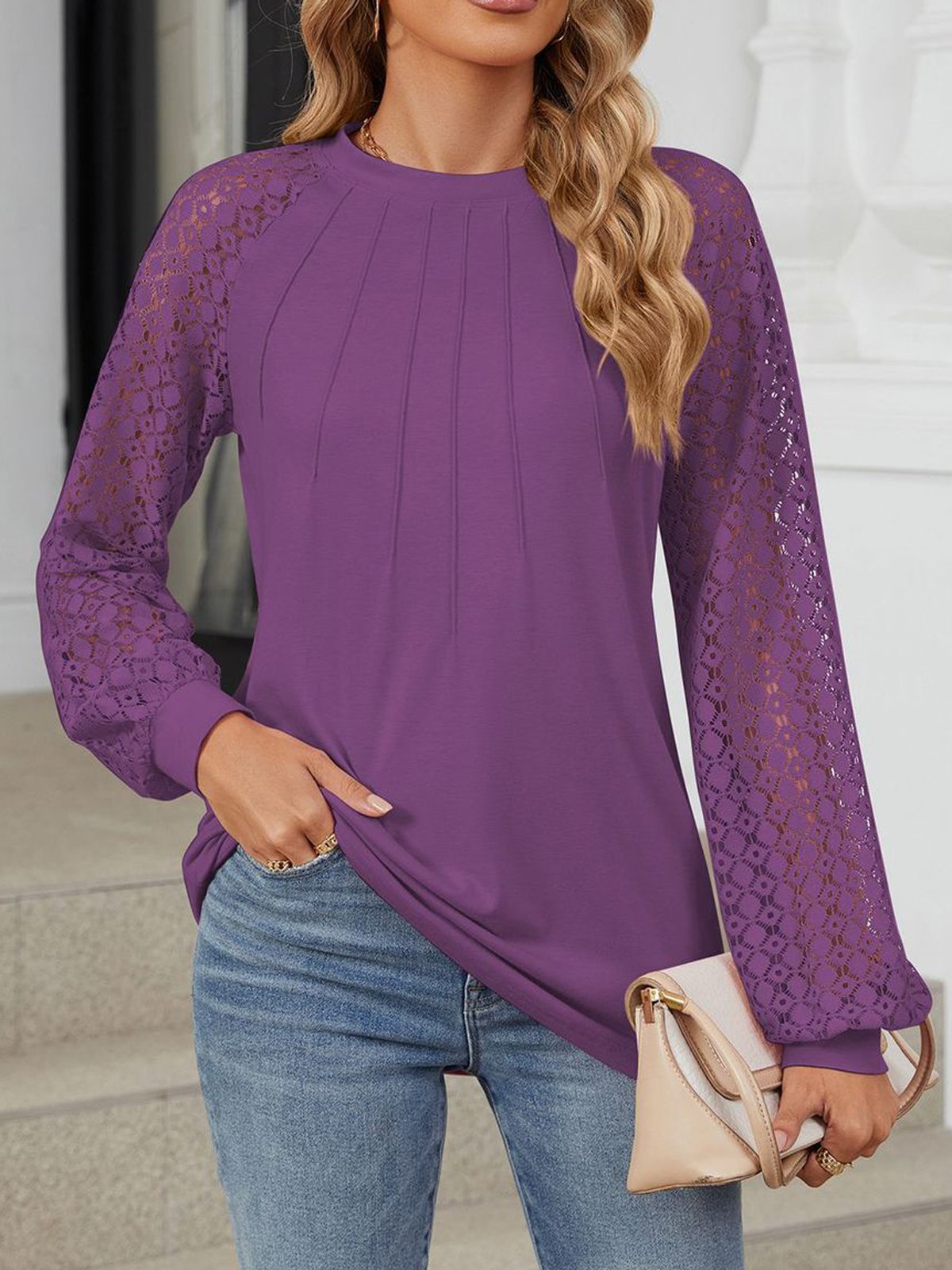 Crew Neck Long Sleeve Plain Lace Regular Micro-Elasticity Loose Blouse For Women