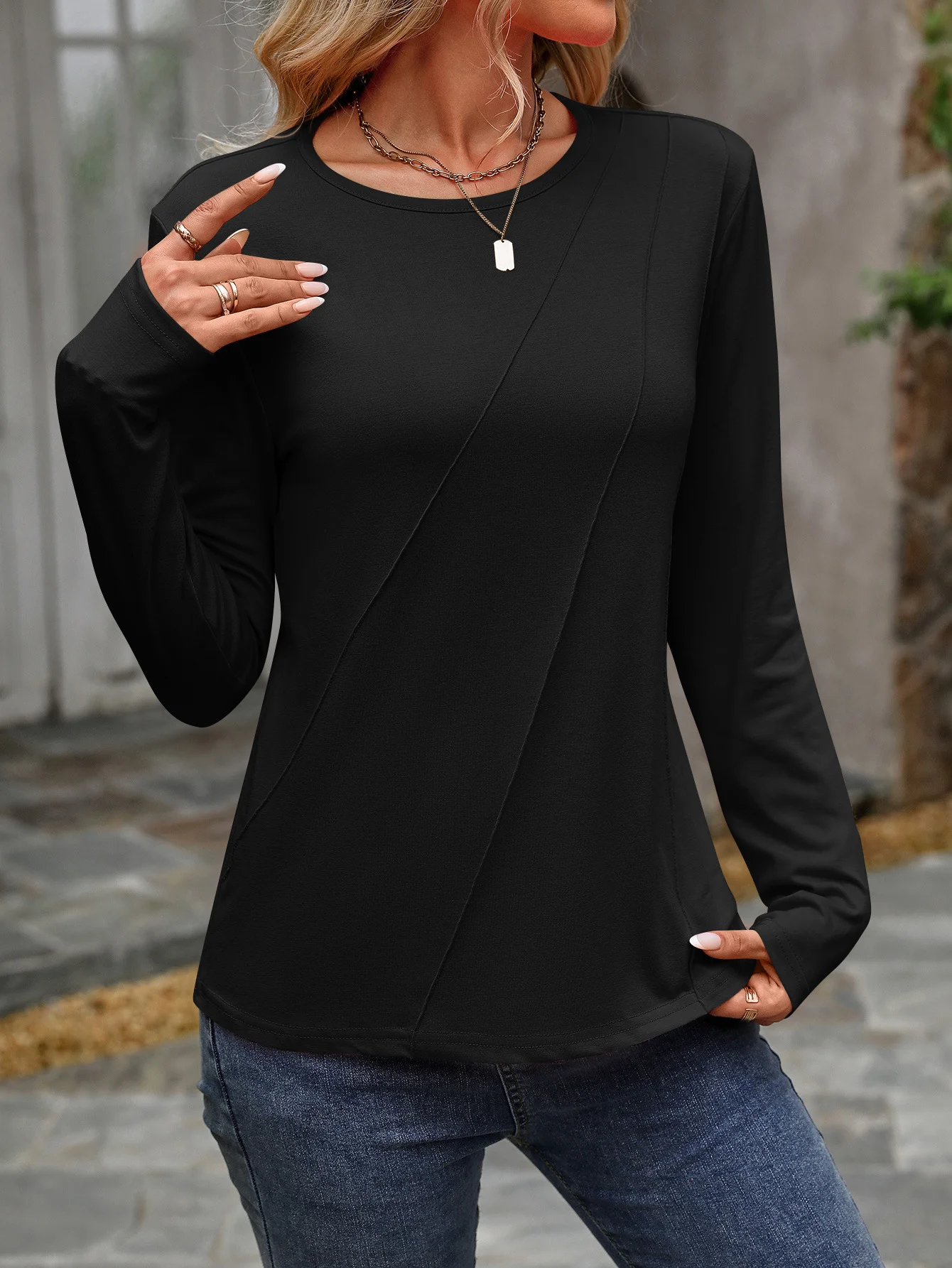 Casual Plain Crew Neck Long Sleeve T-shirt