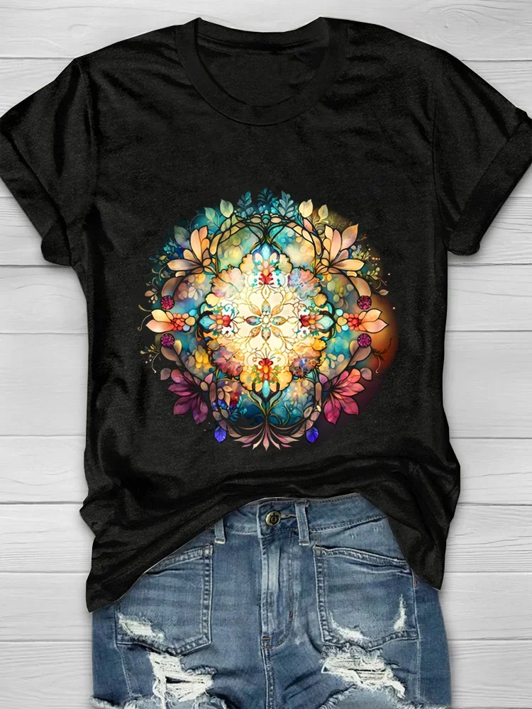 Casual Random Print Crew Neck Short Sleeve T-shirt