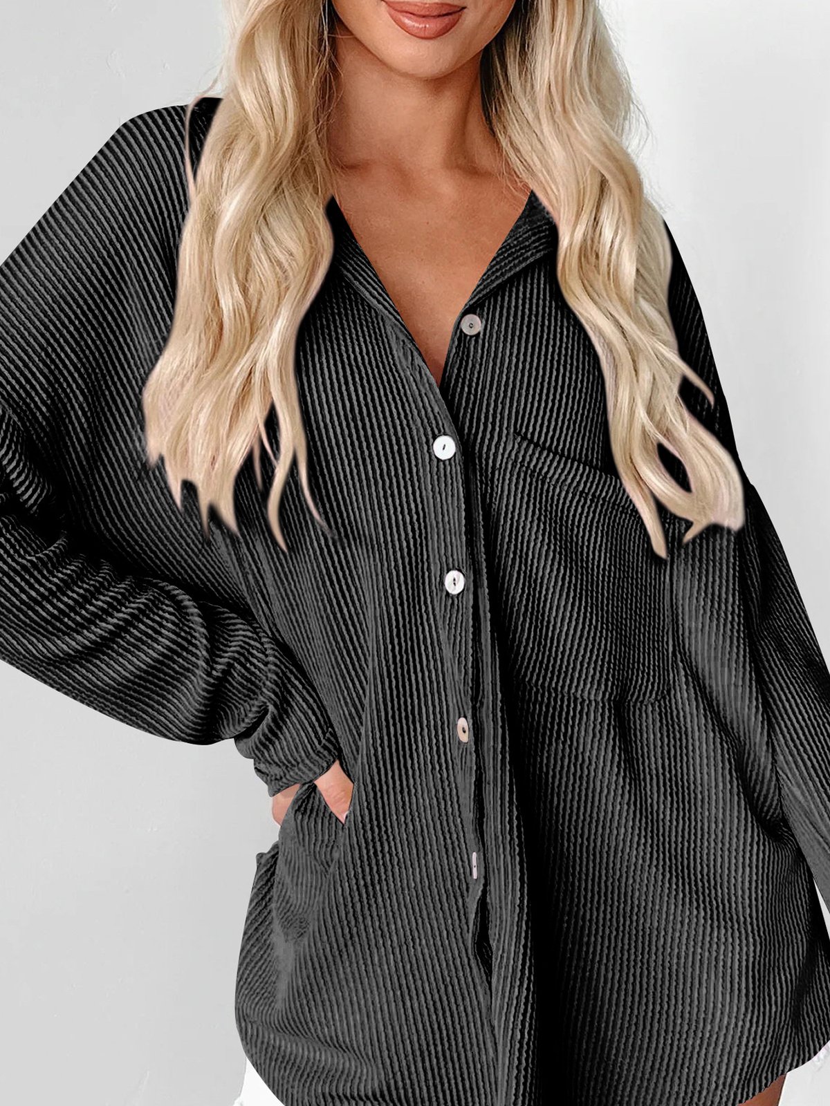 Shirt Collar Long Sleeve Plain Regular Loose Blouse For Women