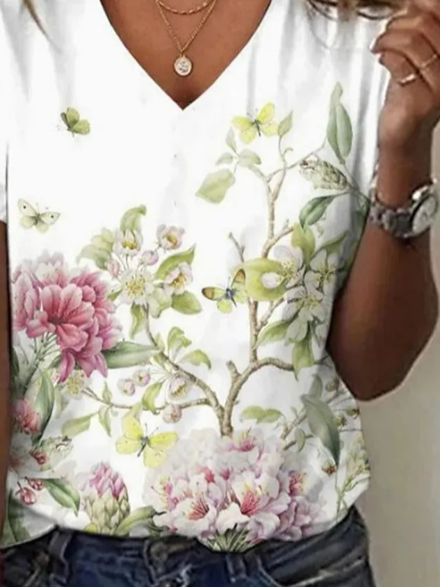 Casual Floral V Neck Short Sleeve T-shirt