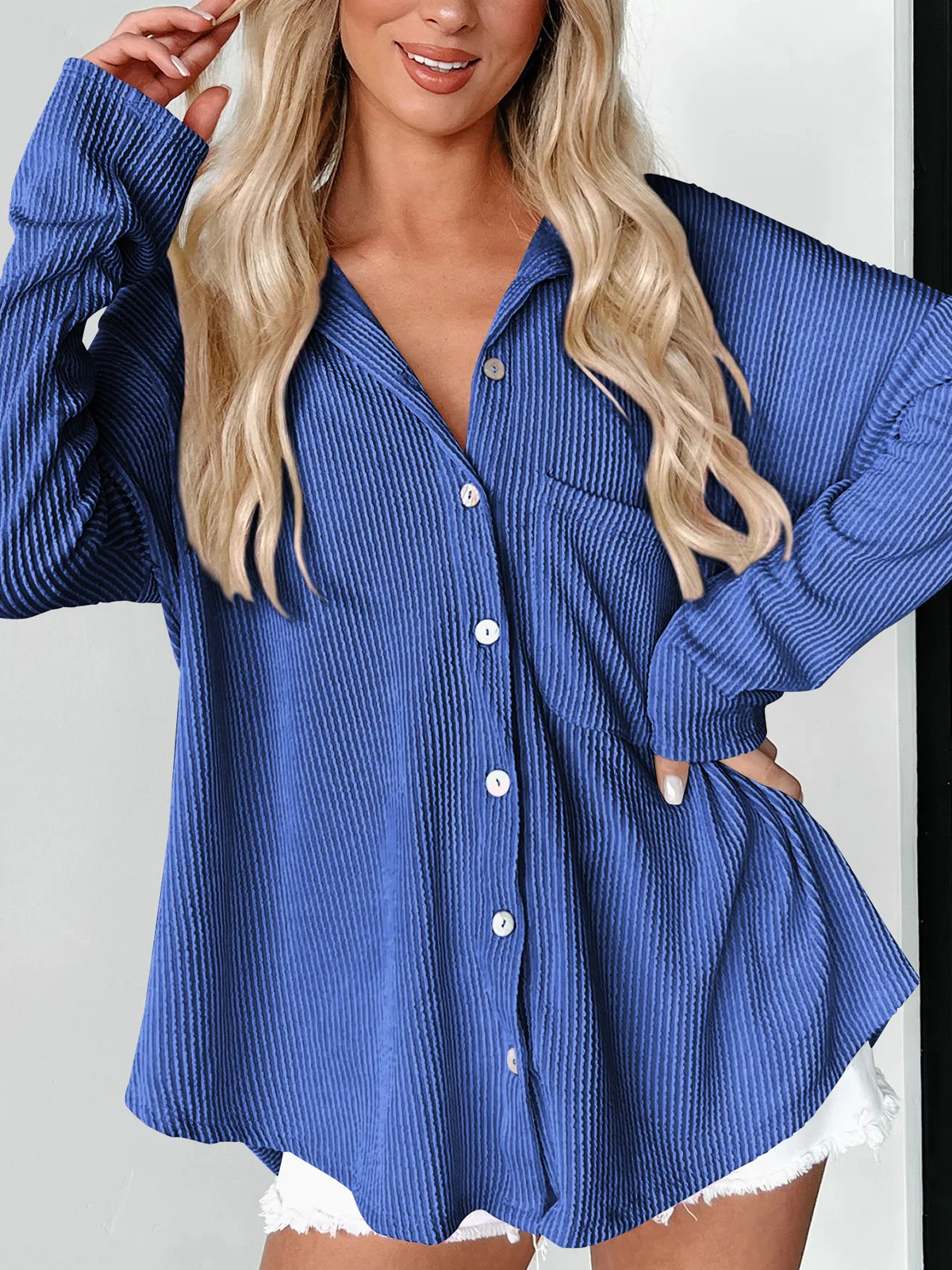 Shirt Collar Long Sleeve Plain Regular Loose Blouse For Women