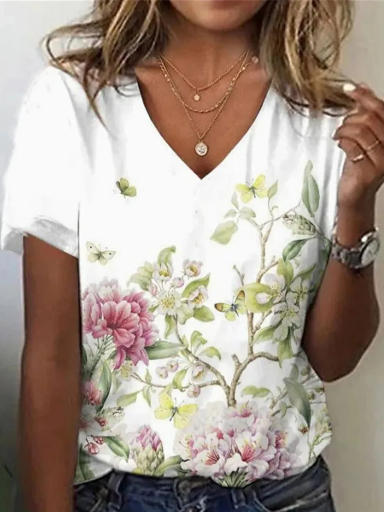 Casual Floral V Neck Short Sleeve T-shirt