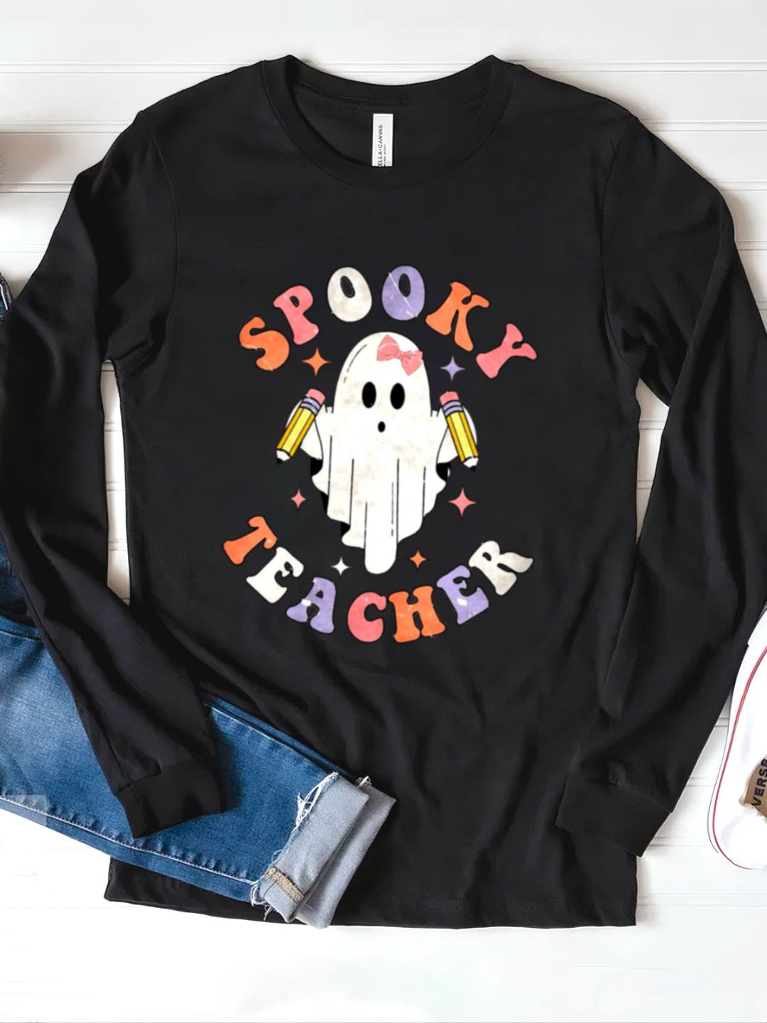 Casual Halloween Text Letters Crew Neck Long Sleeve T-shirt