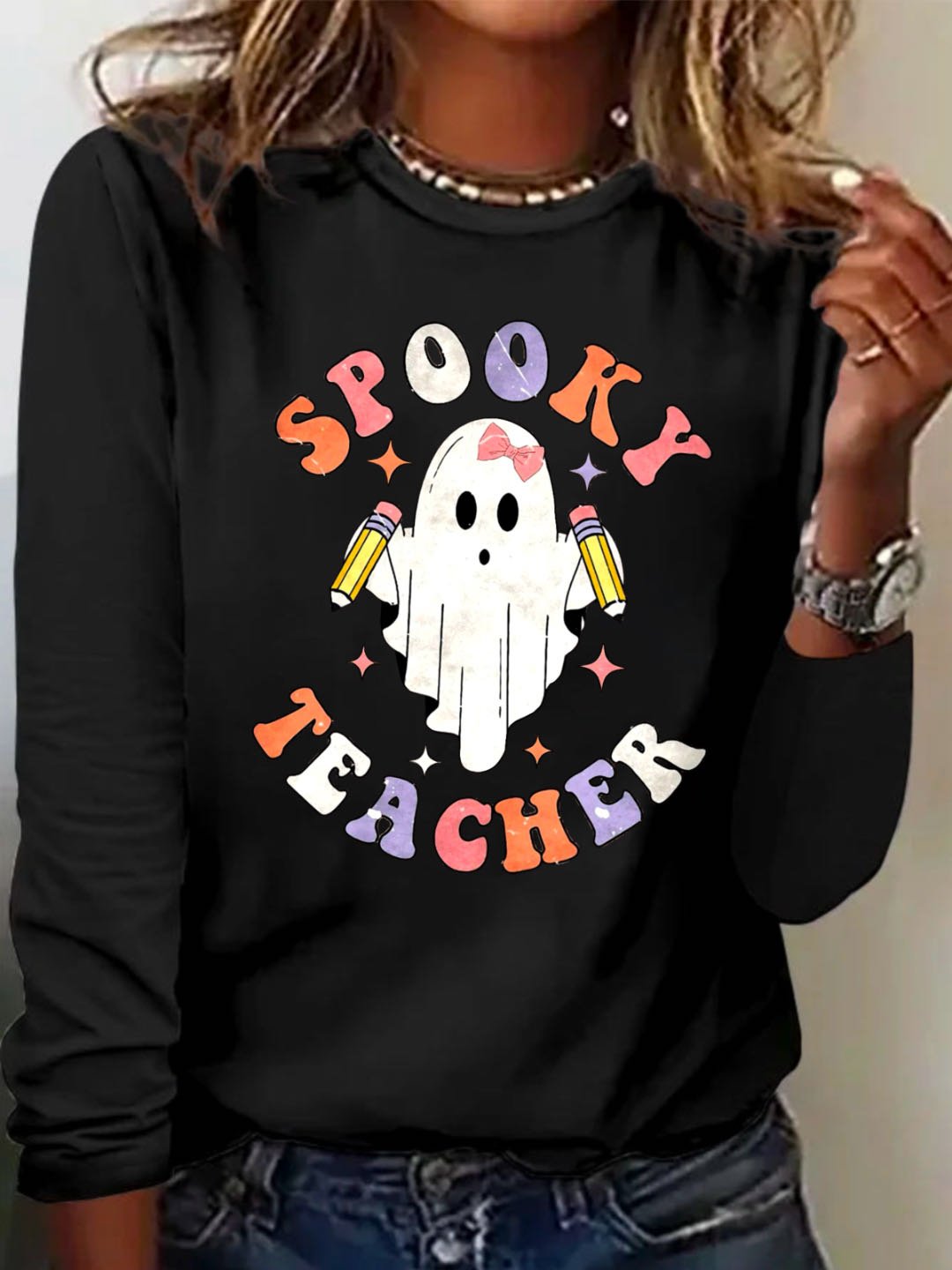 Casual Halloween Text Letters Crew Neck Long Sleeve T-shirt