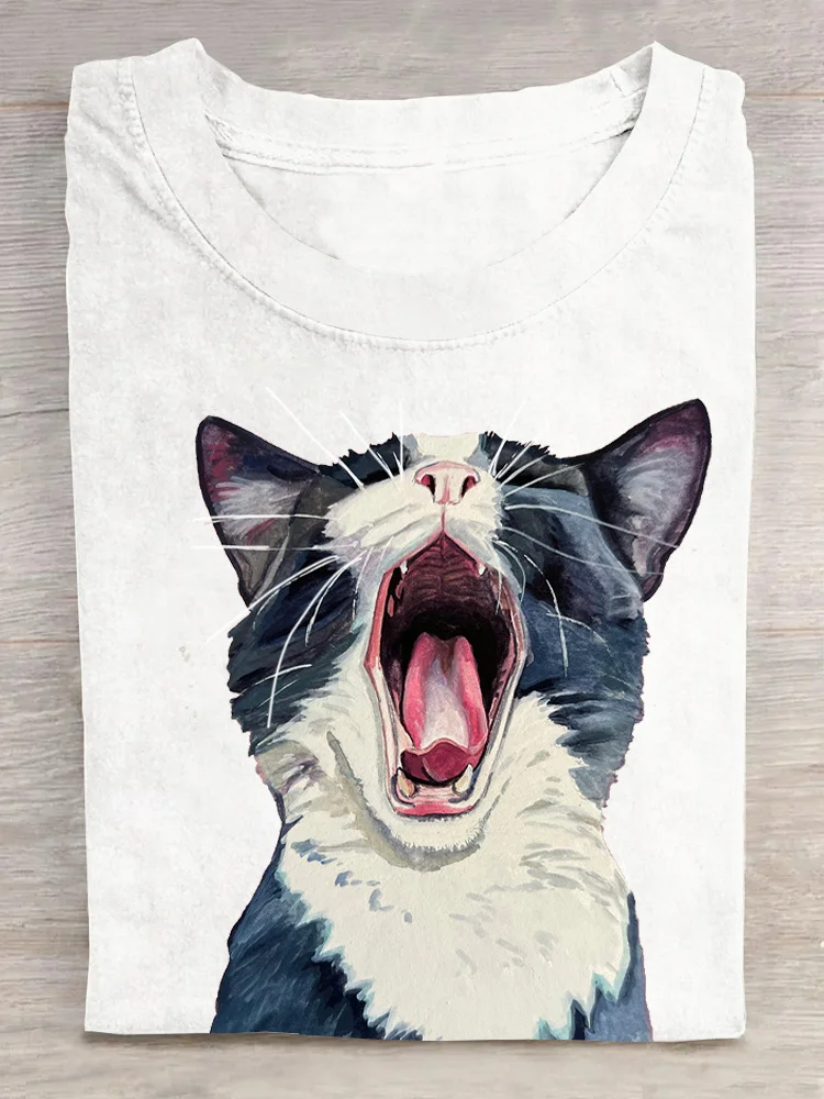 Casual Cat Crew Neck Short Sleeve T-shirt