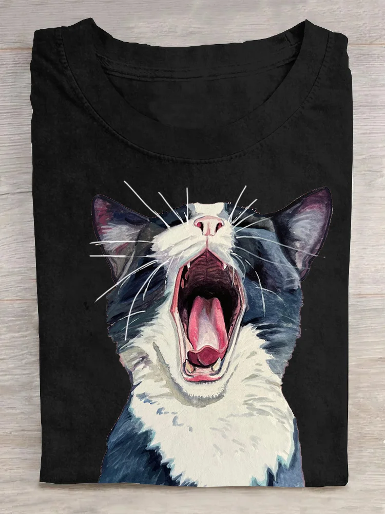 Casual Cat Crew Neck Short Sleeve T-shirt