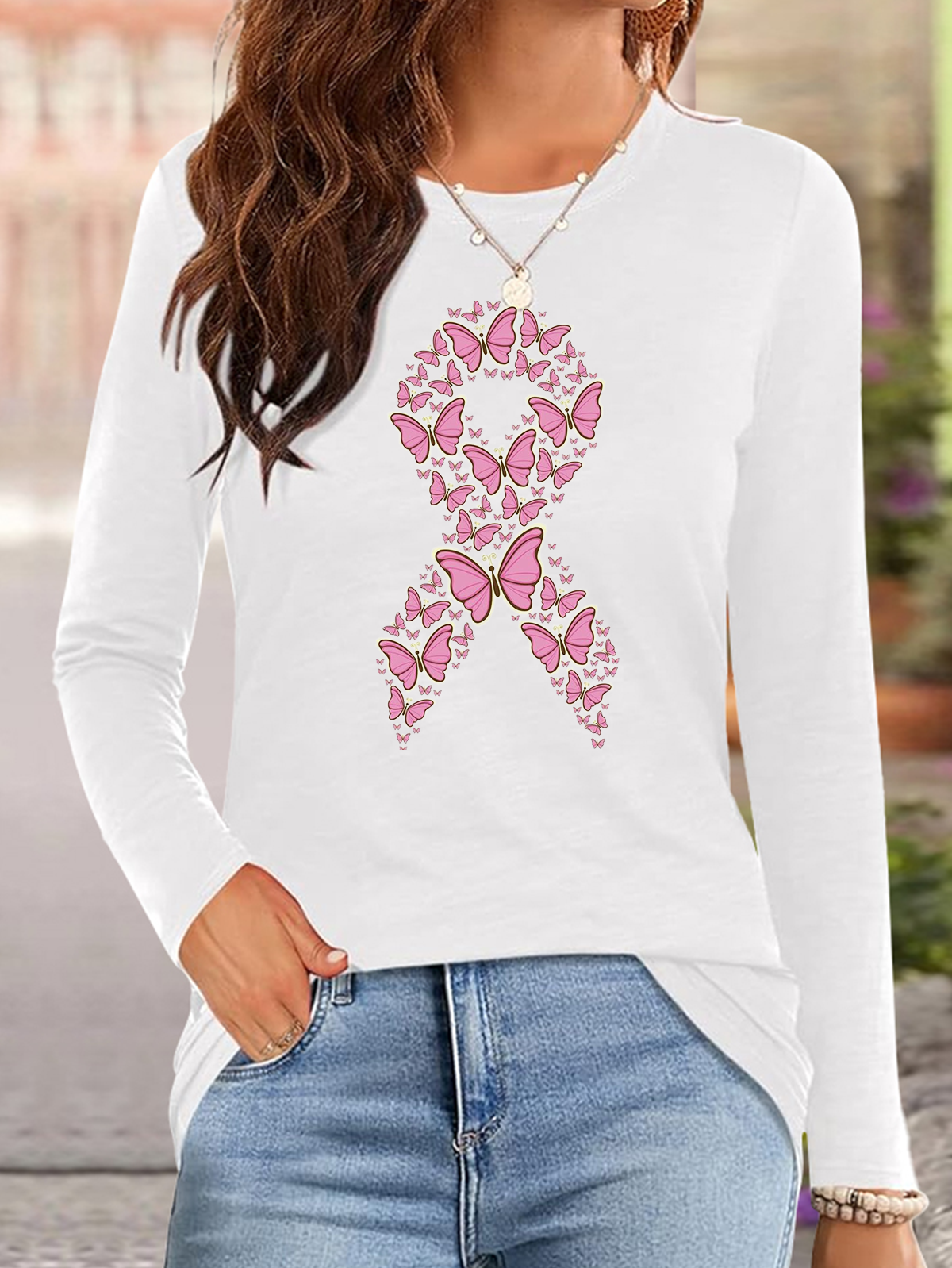 Casual Butterfly Crew Neck Long Sleeve T-shirt