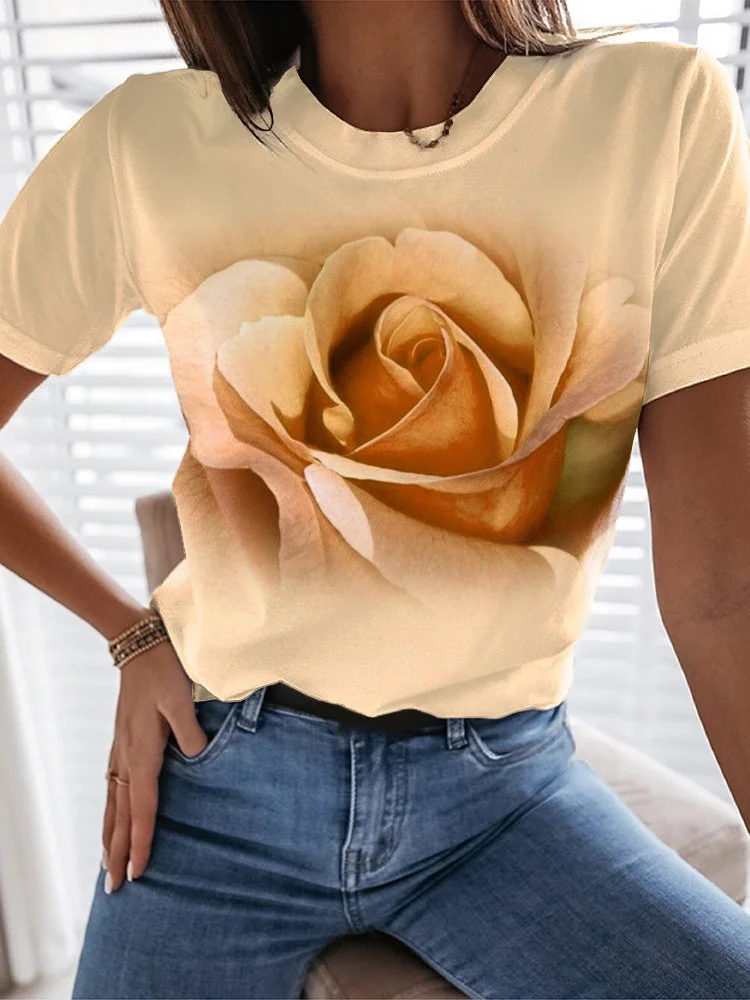 Casual Floral Crew Neck Short Sleeve T-shirt