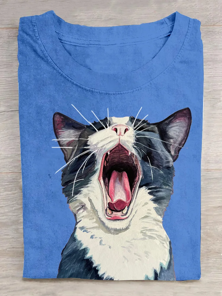 Casual Cat Crew Neck Short Sleeve T-shirt