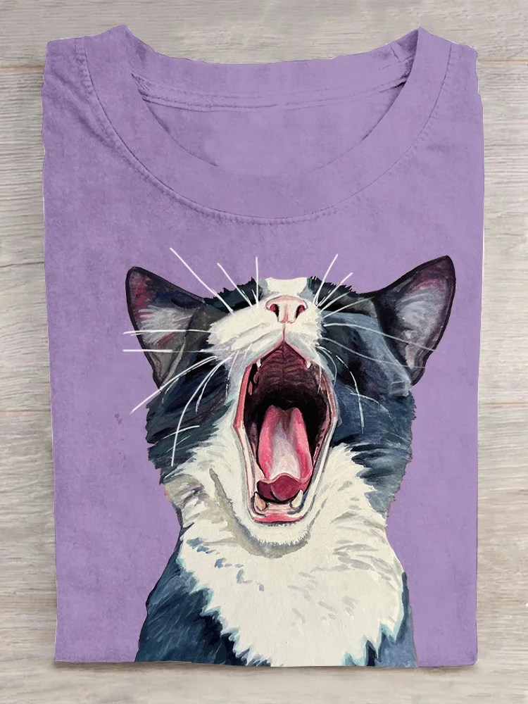 Casual Cat Crew Neck Short Sleeve T-shirt