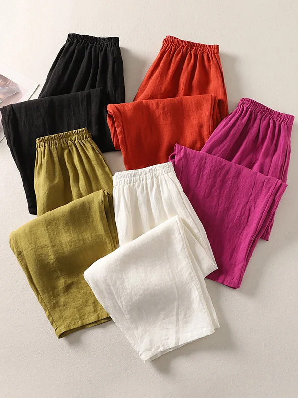 Women Casual Plain Cotton Loose Pants