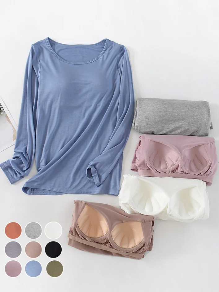 Women Cozy Built-in Bra Padded Push-Up Stretchable Modal T-shirt