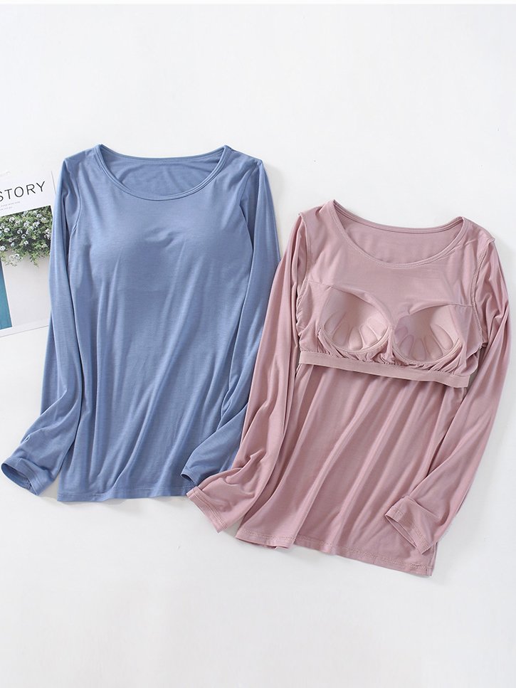 Women Cozy Built-in Bra Padded Push-Up Stretchable Modal T-shirt