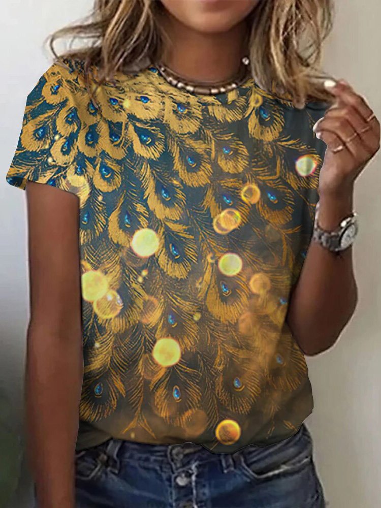 Casual Peacock Crew Neck Short Sleeve T-shirt