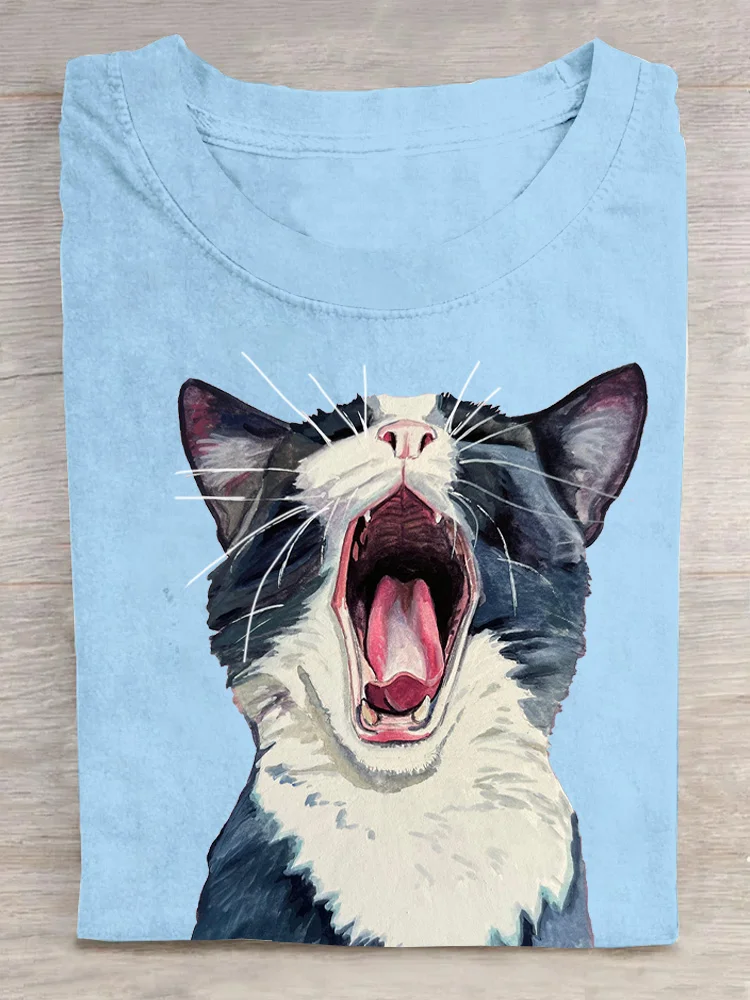 Casual Cat Crew Neck Short Sleeve T-shirt