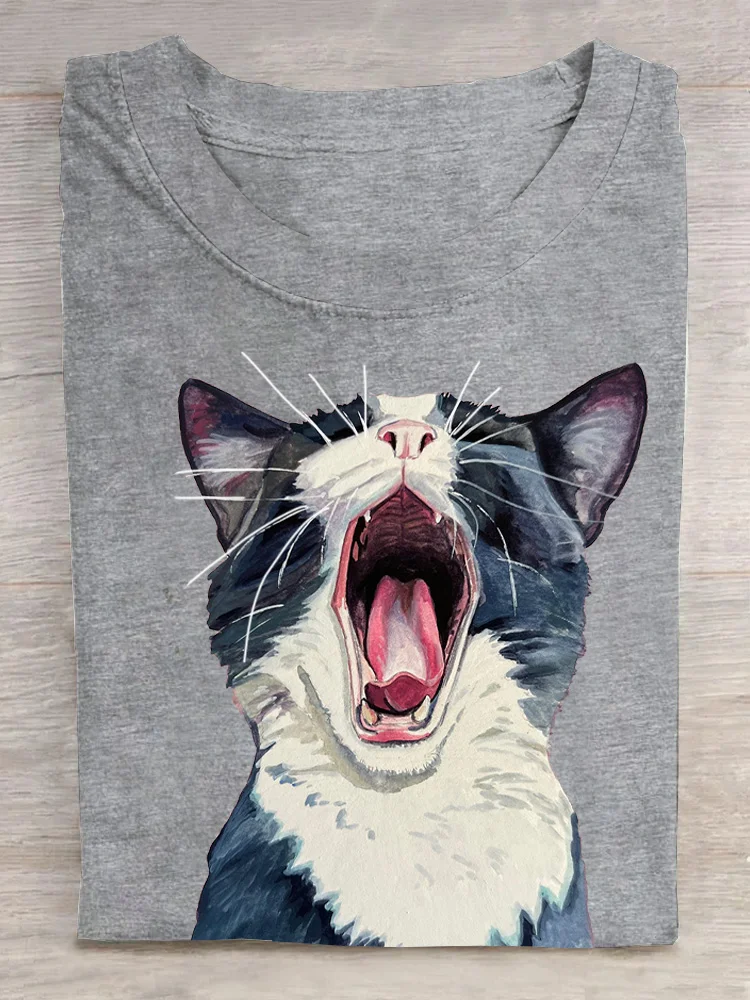 Casual Cat Crew Neck Short Sleeve T-shirt