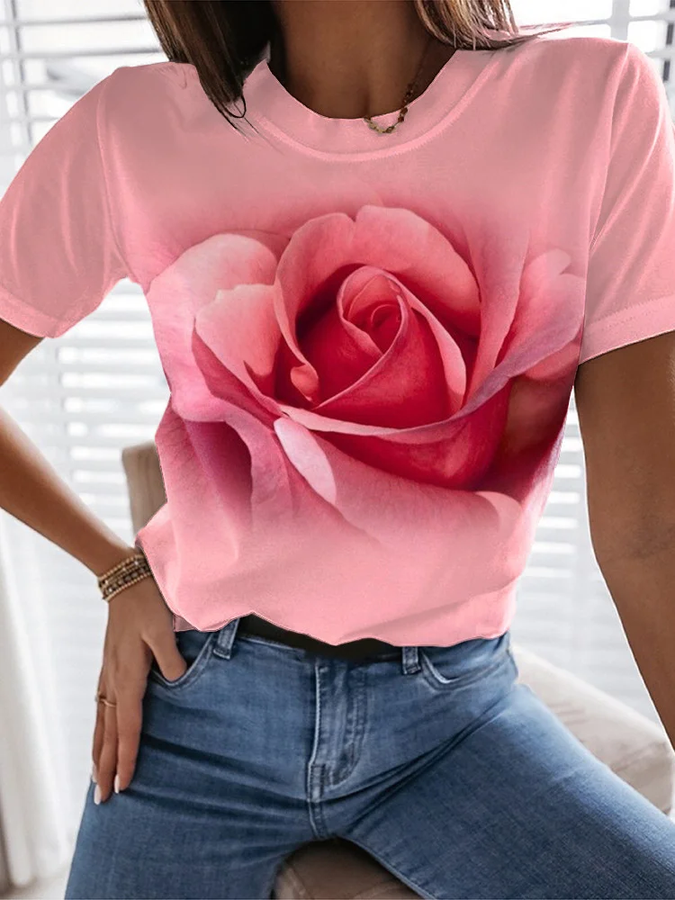 Casual Floral Crew Neck Short Sleeve T-shirt