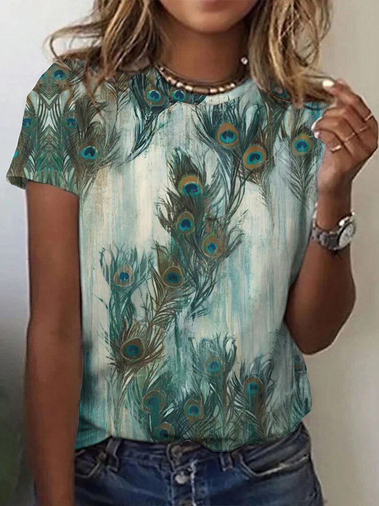 Casual Peacock Crew Neck Short Sleeve T-shirt