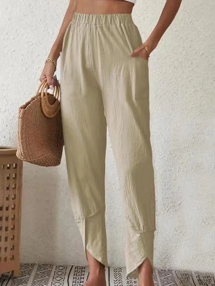 Casual Plain Long Elastic Waist Pocket Stitching Pant