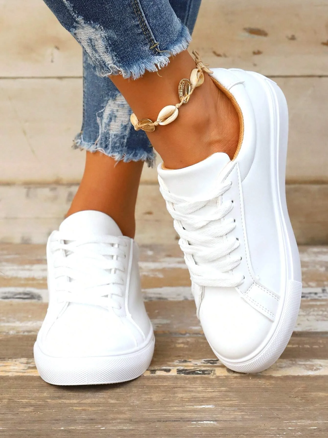 Women Sneakers Casual Plain Lace-Up Flat Heel Slip On Shoes