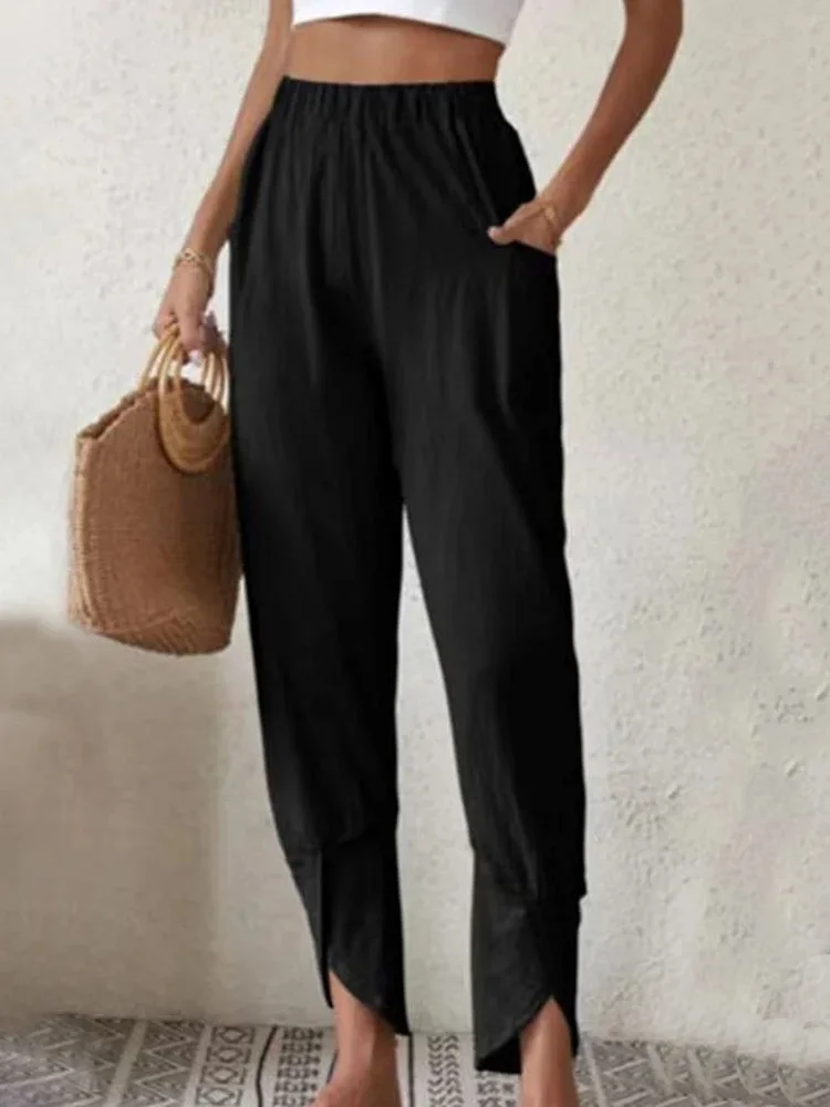 Casual Plain Long Elastic Waist Pocket Stitching Pant