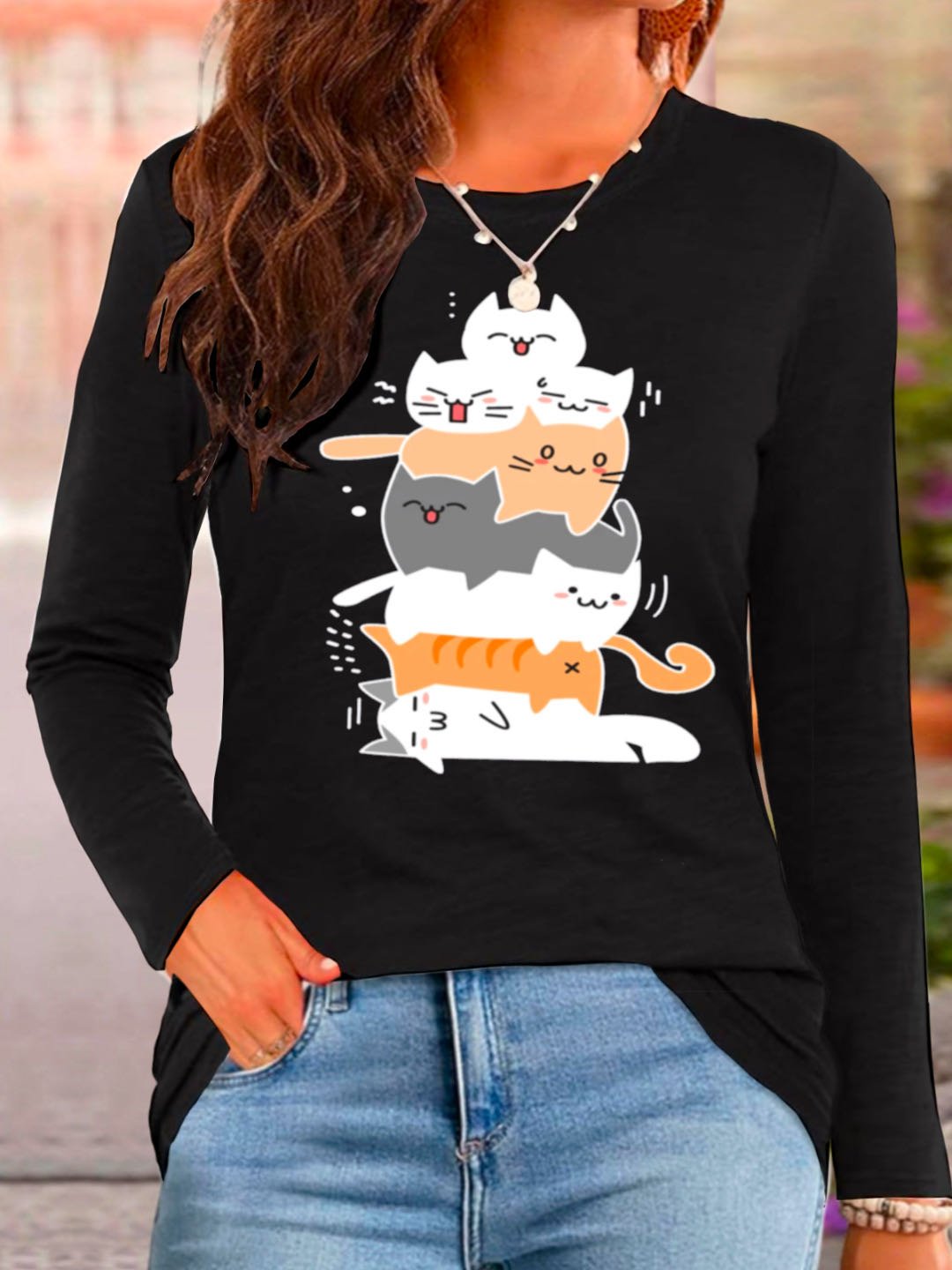 Casual Cat Crew Neck Long Sleeve T-shirt