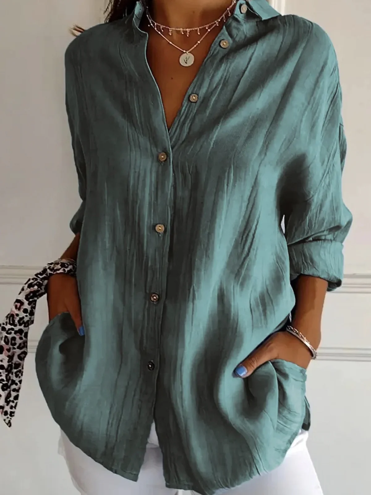 Shirt Collar Long Sleeve Plain Regular Micro-Elasticity Loose Shirt For Women