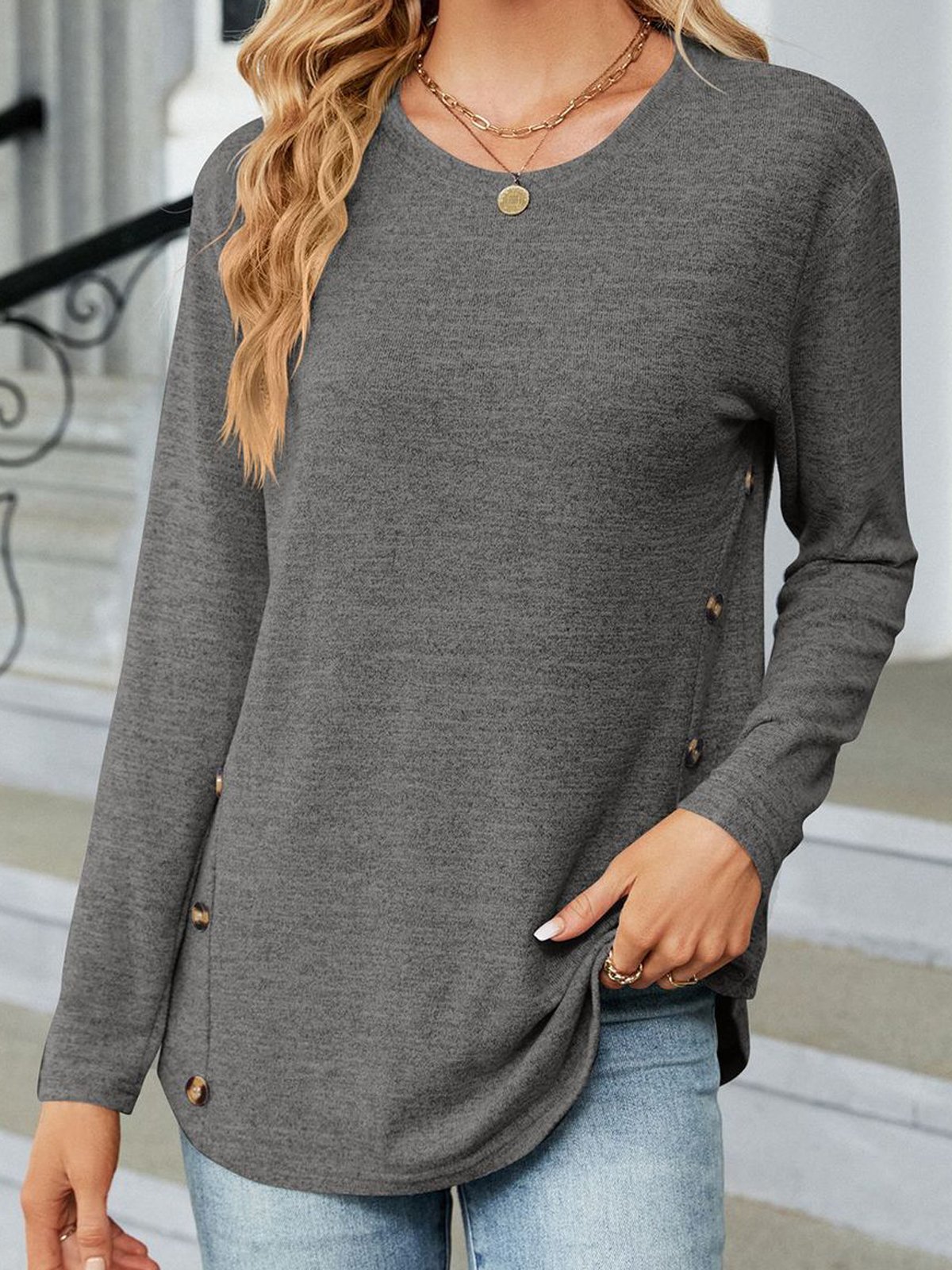 Casual Plain Crew Neck Long Sleeve T-shirt