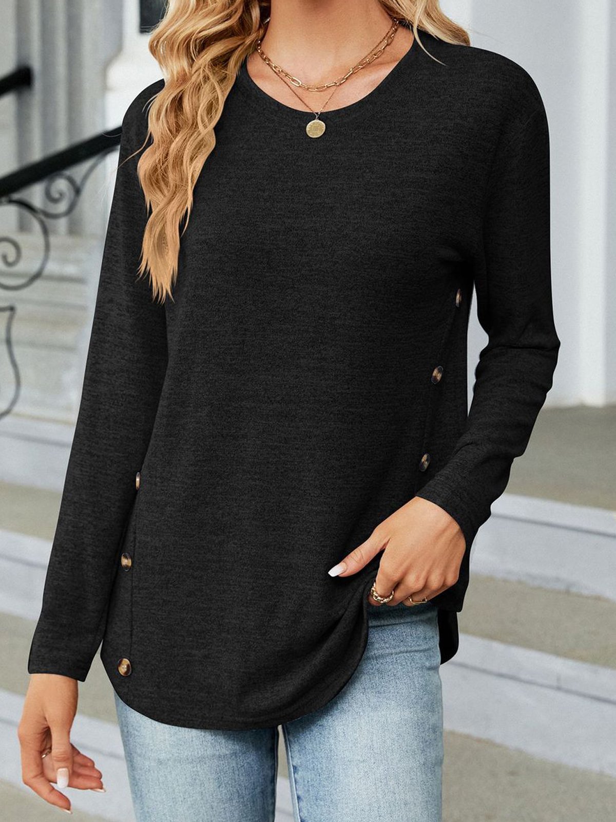 Casual Plain Crew Neck Long Sleeve T-shirt