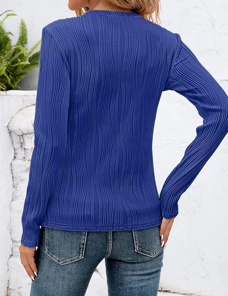 Crew Neck Long Sleeve Plain Regular Micro-Elasticity Loose Blouse For Women