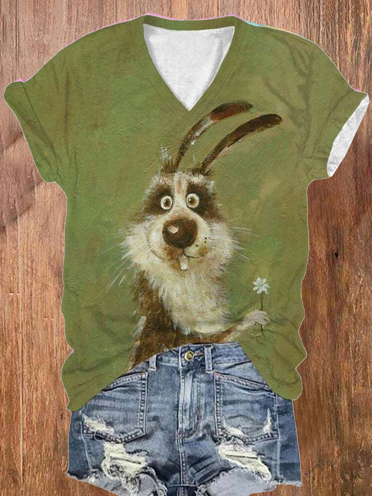 Casual Rabbit V Neck Short Sleeve T-shirt