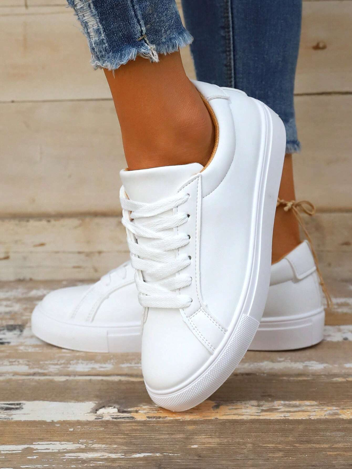 Women Sneakers Casual Plain Lace-Up Flat Heel Slip On Shoes