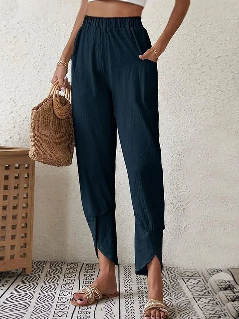 Casual Plain Long Elastic Waist Pocket Stitching Pant